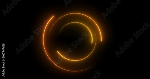 Abstract glowing neon light circle of yellow color, loading icon animation background. Abstract geometric neon background. Round frames, rings, circles, glowing lines appear