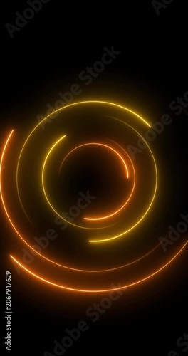 Abstract glowing neon light circle of yellow color, loading icon animation background. Abstract geometric neon background. Round frames, rings, circles, glowing lines appear