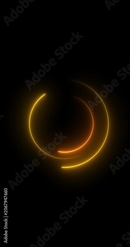 Abstract glowing neon light circle of yellow color, loading icon animation background. Abstract geometric neon background. Round frames, rings, circles, glowing lines appear