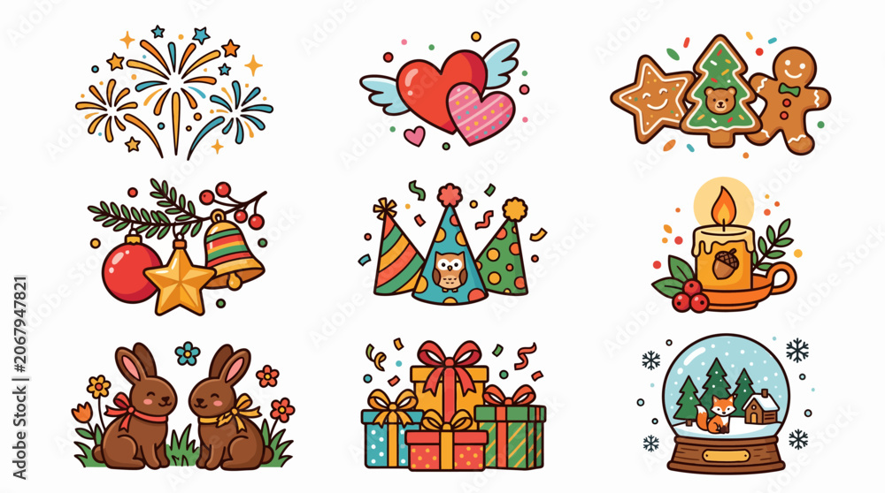 Fototapeta premium Collection of colorful holiday and seasonal celebration icons.