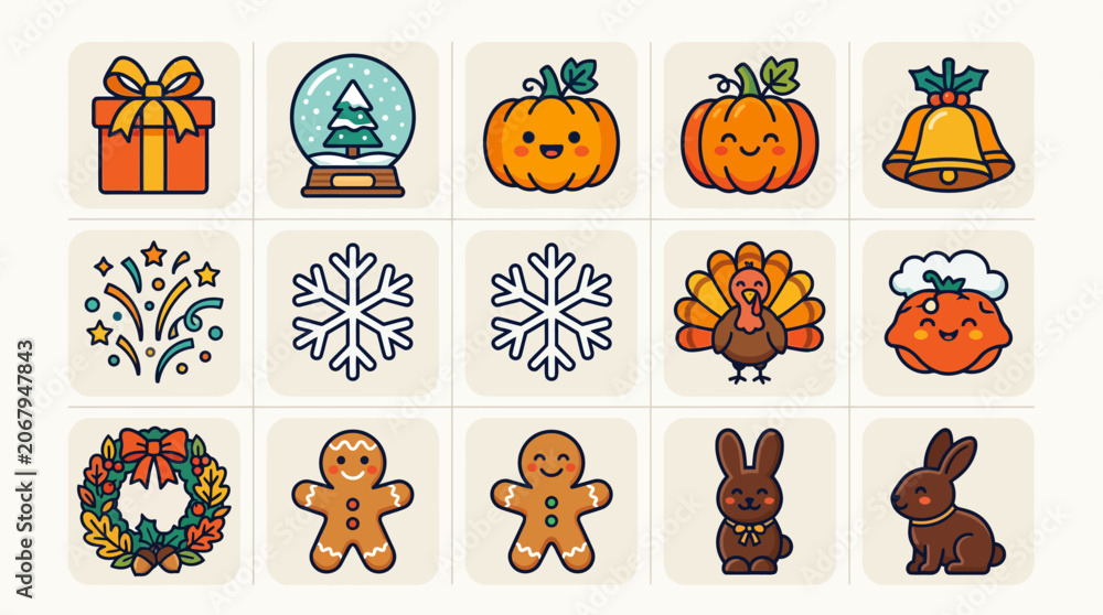 Fototapeta premium Collection of colorful holiday and seasonal celebration icons.