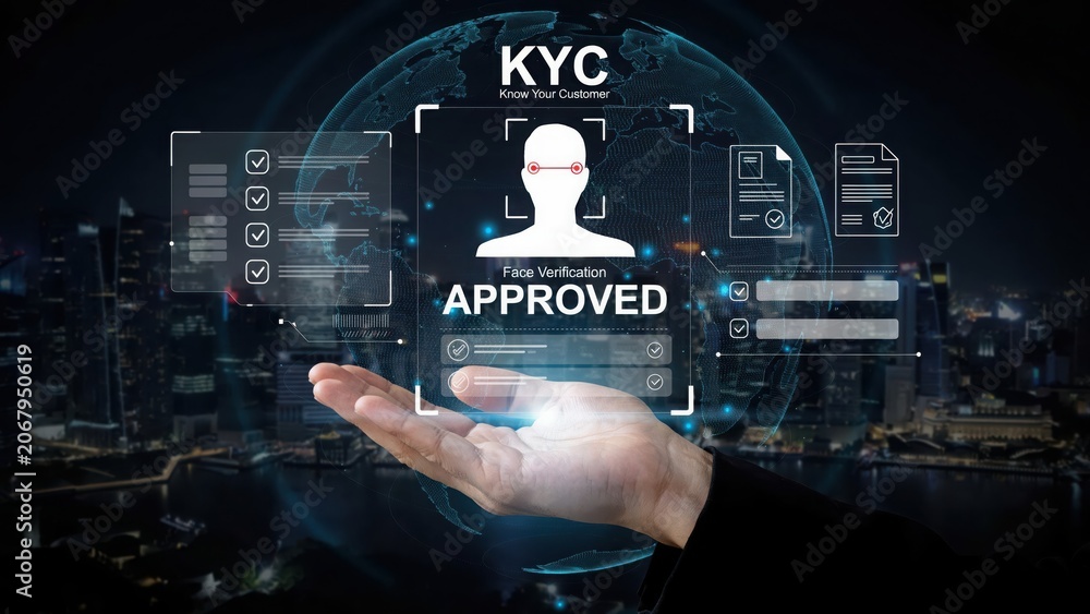 Fototapeta premium Kyc face verification process showing user identity approval on digital screen
