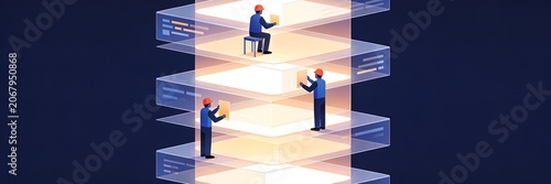 Simple vector illustration of engineers stacking transparent layers of software architecture to create a glowing tower.