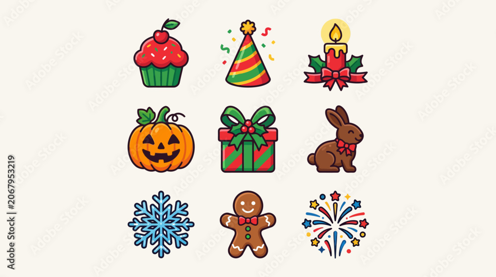 Fototapeta premium Set of colorful hand drawn holiday and celebration sticker icons.