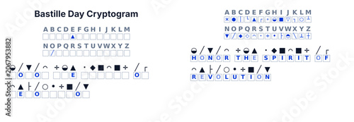 Cuadro en lienzo Bastille Day Cryptogram secret code puzzle for adults, decode the message, print