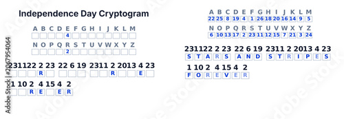Schilderij op canvas Cryptogram secret code puzzle for adults, decode the message, Independence Day t