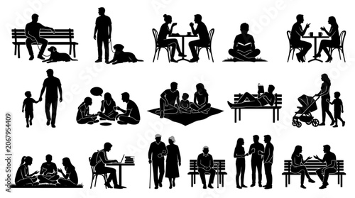 People & Family Silhouette Entourage Set – Architectural Figures Sitting, Dining & Relaxing for Render