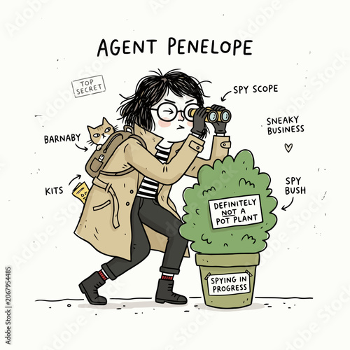 Fotografie Agent penelope character illustration spying with a telescope.