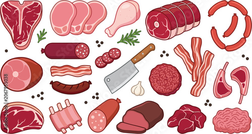 Foto Raw meat vector set featuring butcher cuts steak ham bacon sausage chicken drums