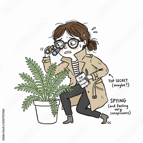 Fotografie Humorous female detective feeling conspicuous while spying behind small potted fern plant