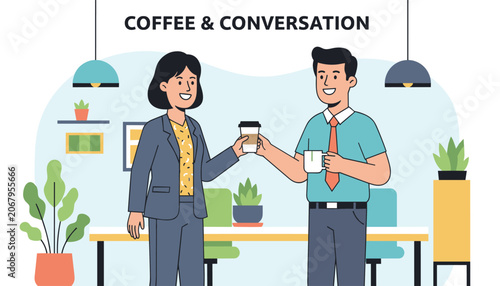 Business partners share a casual chat and coffee inside a cozy modern office breakroom with a motivational text.