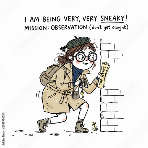 Bild auf Leinwand Cute cartoon spy girl peeking around corner on top secret observation mission