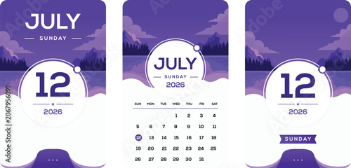 July 12 2026 Sunday Minimal Violet Calendar Design Scenic Mountain Lake Planner Date Card Mobile Wallpaper Printable Vector Reminder Story Social Media Post Editable Modern Aesthetic Clouds