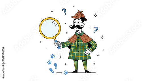 Smart professional detective wearing a classic plaid coat and hat searching for clues on the ground with a large magnifying glass.