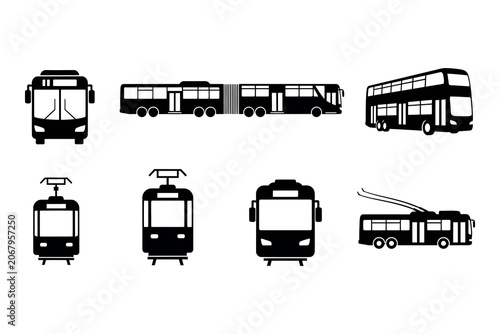 Obraz na plátne Black silhouette collection of various public transportation vehicles buses tram