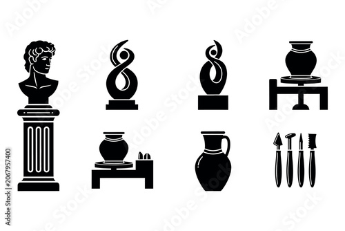 Schilderij op canvas Ancient artifacts silhouette collection busts vases sculptures and historical ob