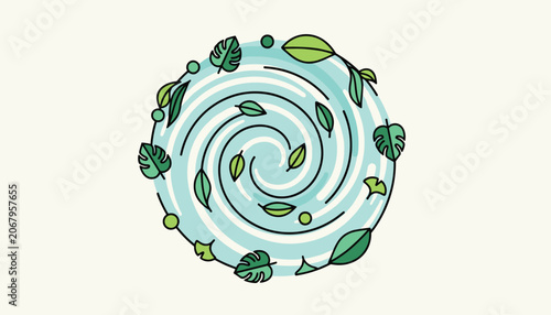 Botanical circular design featuring a vortex of various green leaves floating on a clean turquoise water swirl.