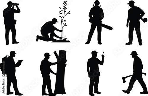 Fotografie Black silhouettes of forest rangers and lumberjacks working with trees in nature