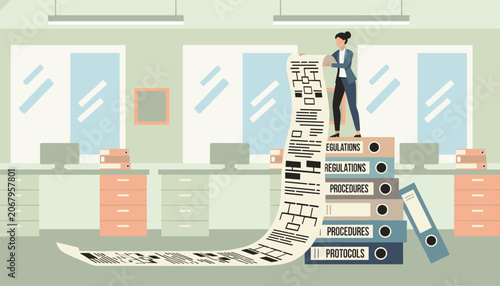 Businesswoman standing on top of high stack of folders while reading a very long scroll of rules, regulations, and procedure diagrams.