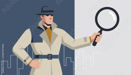 Mysterious detective wearing a classic trench coat and fedora hat holds a large magnifying glass to search for clues.