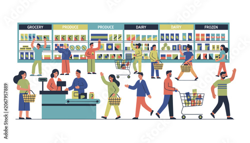 Customers shopping for food and groceries in a busy supermarket with organized shelves and cash register counters.
