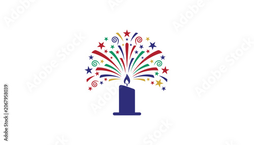 Dark blue candle with a large vibrant firework burst of stars and colorful sparks exploding from its flame.