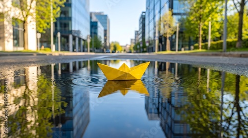 Yellow Origami Paper Boat Floating in Rain Puddle, Quiet City Street Scene, Minimal Urban Photography