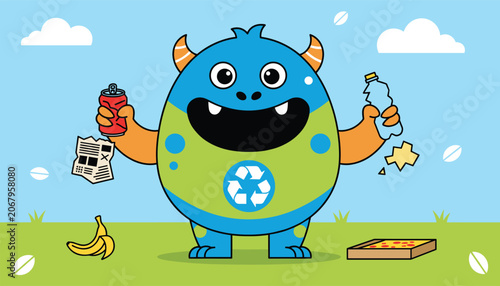 Cute ecological monster with a recycling symbol on its belly shows how to sort plastic bottles and aluminum cans.