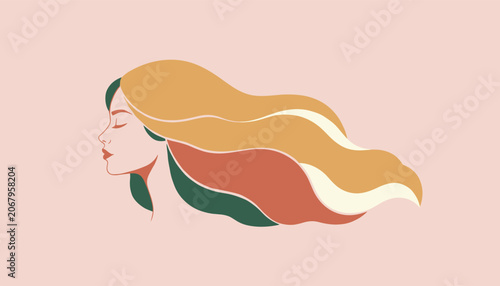 Elegant side profile of a beautiful woman with flowing wavy hair in warm autumn colors on a soft pink background.