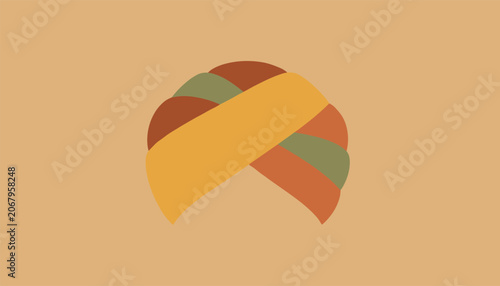 Traditional indian sikh turban accessory illustrated in warm orange, brown, and green colors against a plain background.