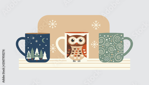 Cozy ceramic winter mugs decorated with forest, owl, and spiral patterns sitting on a shelf with snowflakes.