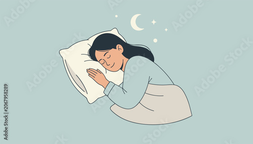 Young girl sleeping peacefully on a soft pillow under a cozy blanket under the night moon and stars.