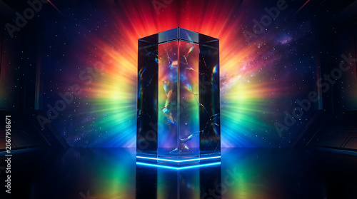 Glowing futuristic prism with cosmic energy and vibrant nebula colors isolated on transparent background