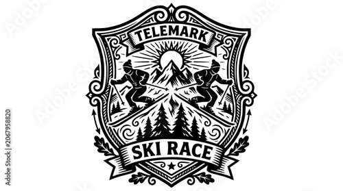 Detailed Telemark ski race badge with mountain landscape.