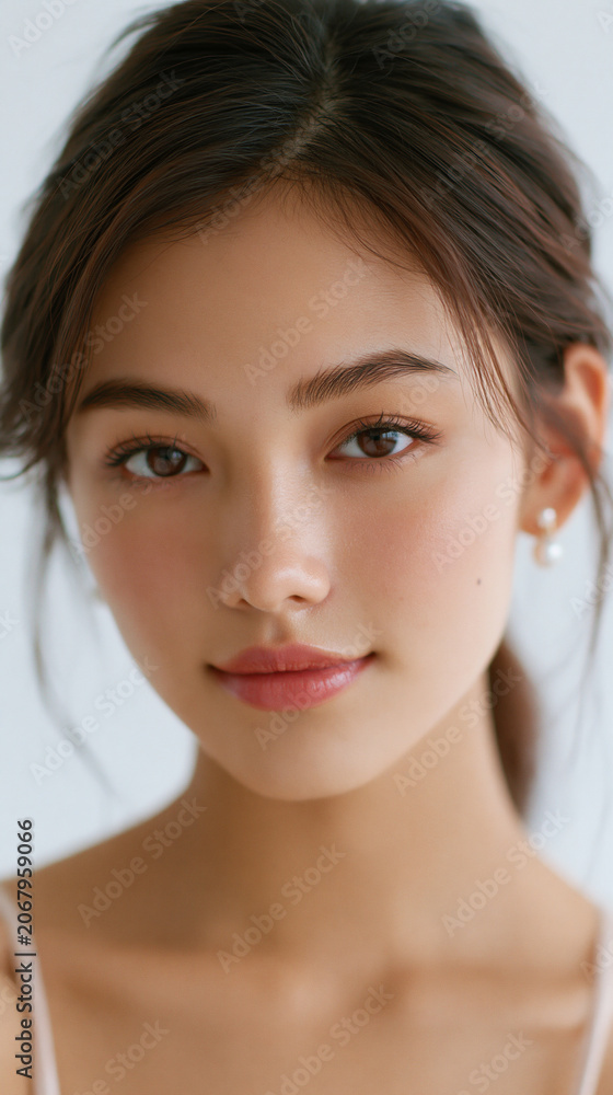 Fototapeta premium frontal portrait of young chinese woman on white background, studio headshot of smiling chinese teenage girl isolated on white, natural beauty portrait of confident young asian female