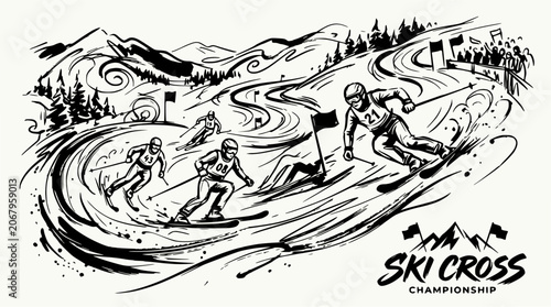 Dynamic ski cross race sketch with multiple skiers.