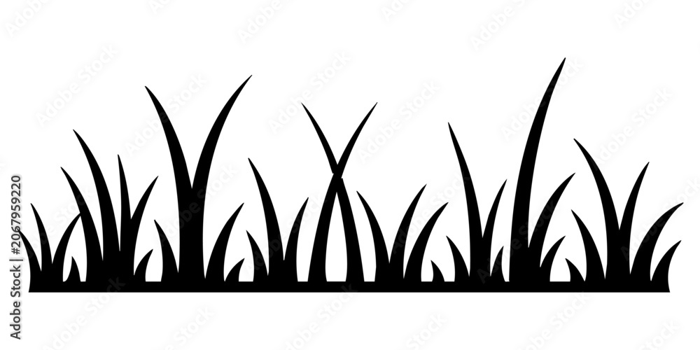 Fototapeta premium Minimal black grass silhouette border with spaced tall blades and low base, isolated vector lawn clipart for landscaping, decoration and clean natural design Vector illustration