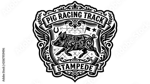 Bild auf Leinwand Pig racing track stampede vintage ornamental emblem