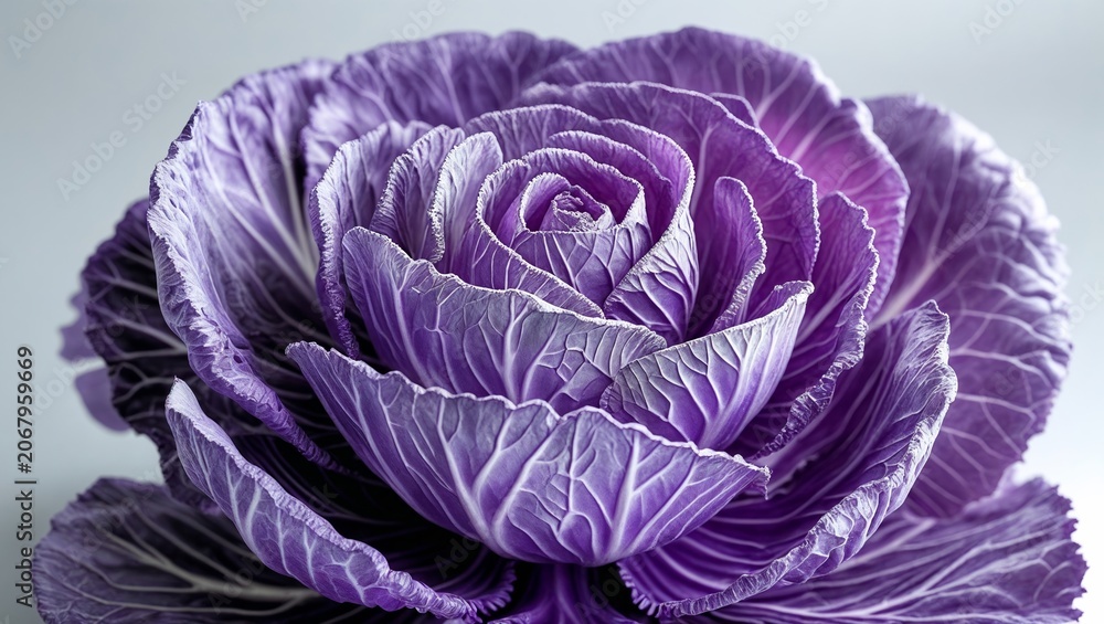 Obraz premium Close-up of vibrant purple cabbage with intricate leaf patterns and textures, showcasing its natural beauty against a soft, neutral background