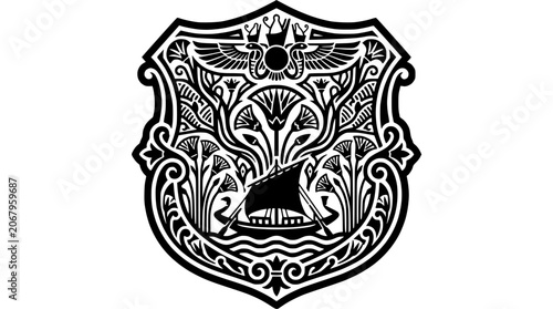 Heraldic shield crest with ship and ornate patterns.