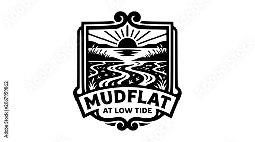 Schilderij op canvas Mudflat at low tide vintage badge logo design.