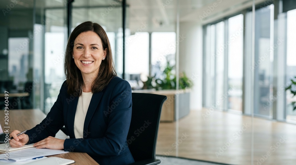 Obraz premium Portrait of smiling successful businesswoman sitting at office desk with laptop. Cheerful female executive manager working corporate project planning financial strategy in modern office.