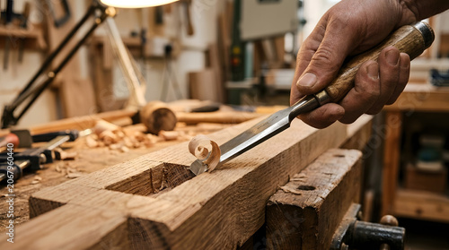 carpenter using hand chisel|traditional woodworking techniques|carving mortise joint in wood|artisan at workbench in shop|precision hand tool craftsmanship