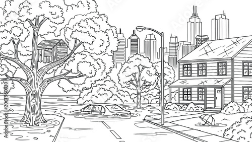 Fotografie City street flood disaster scene with submerged car and tree house in neighborhood near modern skyscrapers skyline coloring page for kids and adult design
