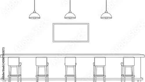 Tableau sur toile Modern minimalist interior view with long counter and five tall stools under pendant lights in empty space for coloring page illustration black white line