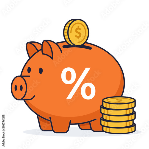 Piggy Bank with Percentage Symbol and Coins Symbolizing Savings Interest and Financial Growth