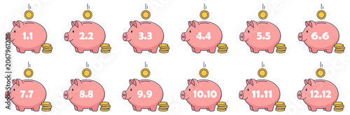 Progressive Savings Growth A Row of Piggy Banks with Increasing Coin Deposits