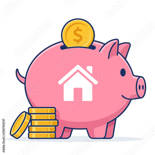 Pink Piggy Bank with House Symbol and Coins Saving for Homeownership Financial Goals and Investment Concepts