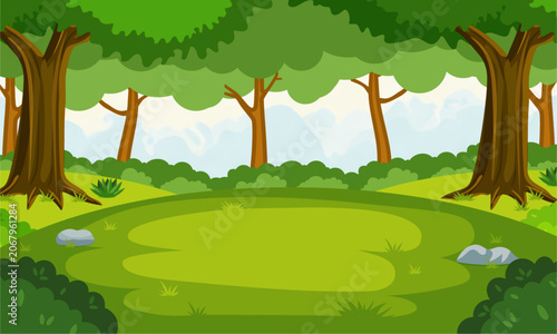 Cartoon jungle forest background with green trees and grass field vector illustration.