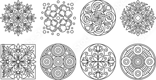 Abstract floral mandala style geometric line art vector illustrations set